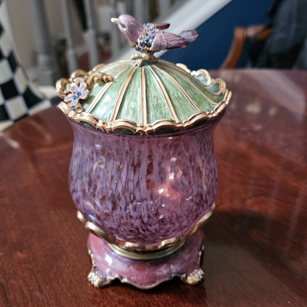 RARE JAY STRONGWATER FLORA & FAUNA ENAMEL CRYSTAL JAM SERVING BOWL DISH JAR